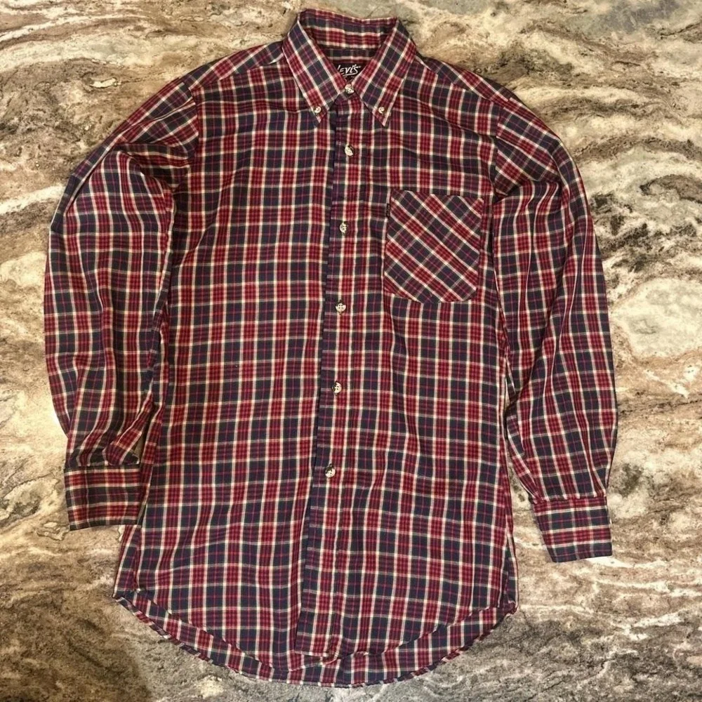 Vintage‎ 80s Levi's red & blue plaid button-up shirt mens SMALL